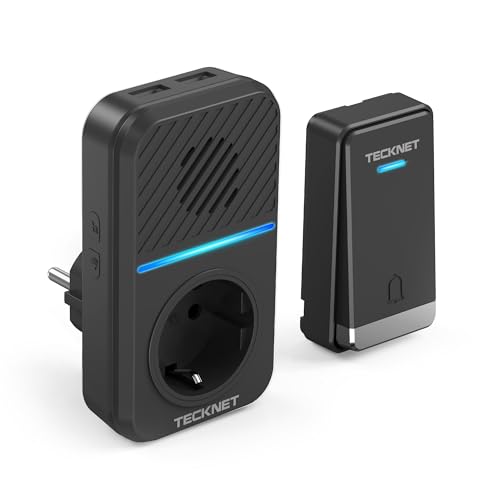 TECKNET Kabellose Türklingel, 400 m, kabellose Türklingel, selbstversorgt, IP65, wasserdicht, elektronisch, Türklingel-Set mit externen USB-Buchsen und LED-Licht, 60 Melodien, 5 Lautstärkestufen TECKNET Kabellose Türklingel, 400 m, kabellose Türklingel, selbstversorgt, IP65, wasserdicht, elektronisch, Türklingel-Set mit externen USB-Buchsen und LED-Licht, 60 Melodien, 5 Lautstärkestufen von TECKNET