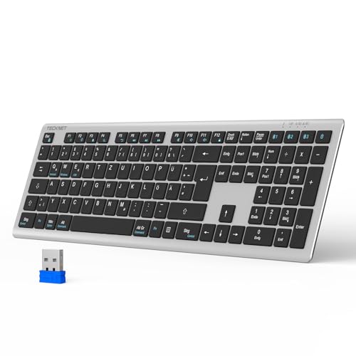 TECKNET Bluetooth Tastatur Kabellose, Wiederaufladbare Multi-Device Wireless Keyboard mit Einfacher bis zu 4 Geräte, Ultraflache, Deutsches Layout (QWERTZ), für Mac, Windows, iOS, Chrome OS von TECKNET