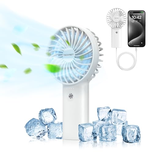 TECKNET Handventilator Tragbarer, 5200mAh Handventilator Akku Aufladbar, Mini handventilator mit Powerbank, Ventilator Klein mit 3 Einstellbaren Geschwindigkeiten für Reisen, Zuhause, Weiß von TECKNET
