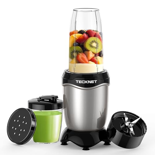 TECKNET Smoothie Maker, 600W Mini Mixer Smoothie Maker mit 4 Edelstahl Blatt, Tragbarer Standmixer Geräuscharm, Leicht zu Reinigen, Mit 1X500ml & 150ml Flaschen BPA frei Tritan für Shake und Smoothie von TECKNET