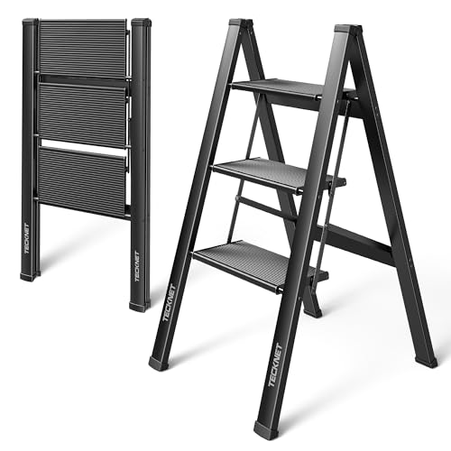 TECKNET Trittleiter 3 Stufen klappbar, Klappleiter aus Aluminium, extra breite Anti-Rutsch-Pedale, belastbar bis 150 kg, Tritthocker einfach zu verstauen, Stehleiter für Haushalt, Küche und Büro von TECKNET