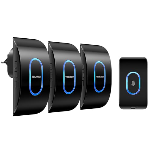 TECKNET Türklingel IP65 Funkklingel Aussen Wasserdicht, 400m Reichweite, Klingelset mit 1 Sender und 3 Empfängern, 5 Lautstärkestufen, 60 Melodien, Funkklingel mit LED-Blitz – Schwarz von TECKNET