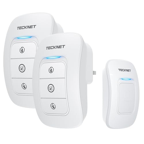TECKNET Funkklingel, 400m Reichweite, Klingel Haustür Kit mit 2 Plug-in-Empfänger und 1 Sender, 38 Melodien & 4 Lautstärkestufen, IP65 Aussen Wasserdicht Türklingel Funk Set mit LED - Weiß von TECKNET