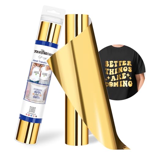 TECKWRAP PU-Metallic-Wärmetransfer-Vinyl-Rolle, 30,5 cm x 1,5 m, Chrom-Gold, HTV, für DIY-Kleidung, T-Shirts, Stofffolie, zum Aufbügeln auf Vinyl, kompatibel mit Heißpress-Bastelschneidern von TECKWRAP