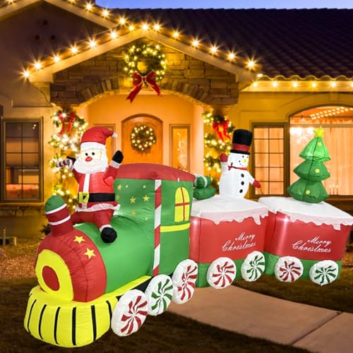 Aufblasbarer Weihnachtszug, 320 cm LED Beleuchtet Weihnachtszug mit Weihnachtsmann und Schneemann Dekoration, IP44 Außen Aufblasbare Weihnachtsmann Garten Weihnachtsdeko von TECKZOON