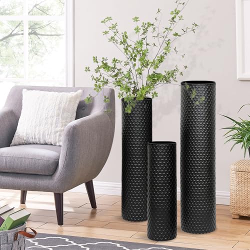 Bodenvase Groß Schwarz, Metall Bodenvasen für Wohnzimmer 70/55/40cm, Bodenvase Große Set of 3, Moderne Wabenstruktur Extra Große Hohe Bodenvasen, Metall Standvase für Wohnzimmer Kamin Flur Ecke Büro von TECKZOON