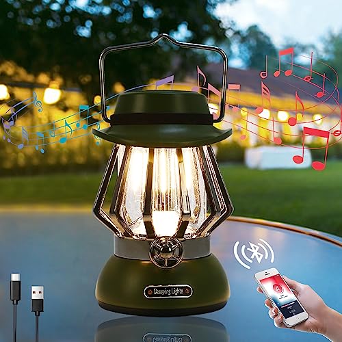 LED Campinglampe Aufladbar, Retro Outdoor Campingleuchte mit Bluetooth Lautsprecher, Stufenlos Dimmbar, Camping Laterne mit RGB Modus,72h Leuchtzeit für Camping, Stromausfälle, Garten und Dekoration von TECKZOON