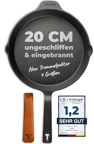 TECOR Gusseisenpfanne Induktion 20 cm ungeschliffen, universell, natürlich - Langlebige Pfanne Gusseisen 20 cm - Antihaft Gusspfanne Induktion einfach, top Qualität - Cast iron pan induction von TECOR