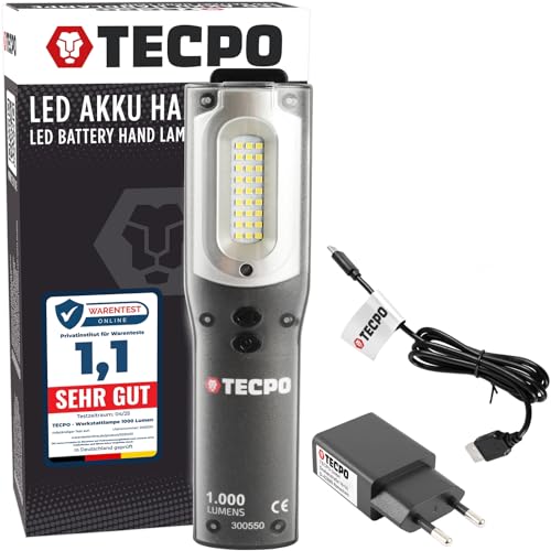TECPO 300550 AKKU Werkstattlampe 1000 Lumen 27 SMD LED´s 10+3 Watt 6500 Kelvin IP 54 Arbeitslampe Stirnlampe Stablampe magnetisch Lithium-lonen 3.7V 6600 mAh von TECPO