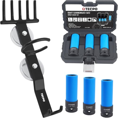 TECPO 3x Schlagschrauber Nüsse 17mm Schoneinsätze 1/2" mit Hebebühne Magnet Halter von TECPO