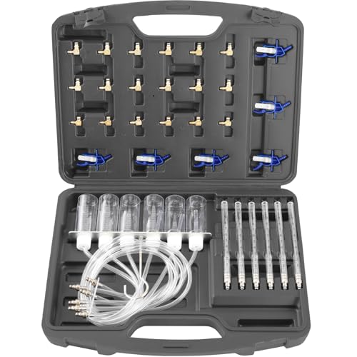 TECPO Einspritzdüsen Werkzeug, Common Rail Tester mit 24 Adaptern, Rücklaufvolumenmessung über 6 Glaskolben & 6 Messbecher, für bis zu 6 Injektoren, 70 cm Anschlussschlauch auf Aluleiste, im Koffer von TECPO