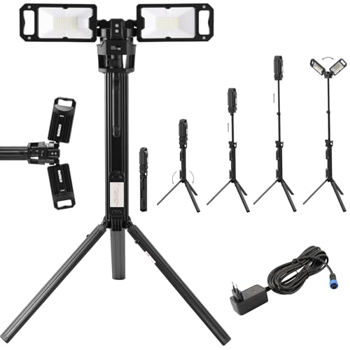 TECPO Duo LED Baustrahler 5000 Lumen Kabelloser Arbeitsstrahler mit AKKU und Stativ Leuchtweite bis 90m - 7000K von TECPO