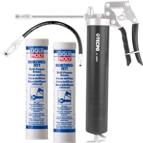 TECPO Einhand Fettpresse + Panzerschlauch + 2x Mehrzweckfett, 400g von TECPO