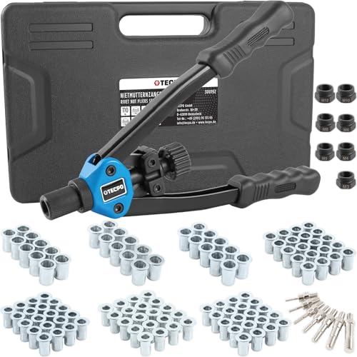 TECPO Nietmutternzange Set, 110-teilig Profi Satz Nietmuttern mit Gewinde, Nietzange, Universalschlüssel, Zugdorne und Mundstücke aus Stahl M3, M4, M5, M6, M8, M10, M12 von TECPO