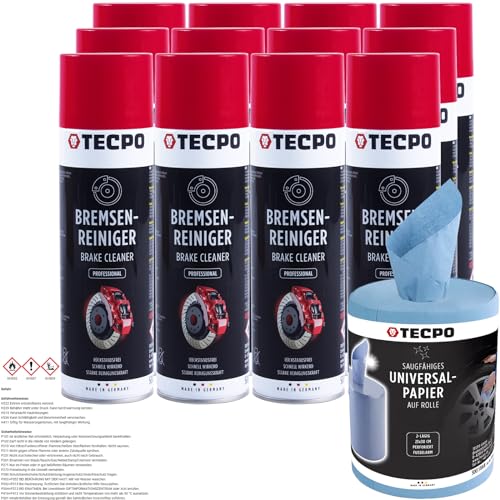 TECPO Putztuchrolle 2-lagig 300 Blatt Putzrolle 23x30 Perforiert Fusselarm + Bremsenreiniger 12x 500ml von TECPO