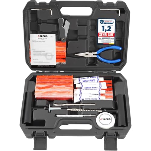 TECPO Reifenreparaturset Set 78-tlg. Auto Motorrad LKW PKW Vulkanisier Flickzeug Panne Notfall Reifendichtmittel mit T-Griff von TECPO