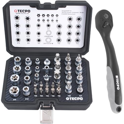 TECPO Steckschlüssel Satz 3/9" E4-E20 T10-T60 Außen Torx Innen Nuss + Knarre 3/8" von TECPO