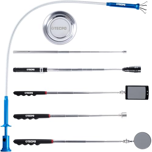 TECPO Teleskop Inspektionsspiegel Mechanischer Autospiegel Magnetheber 84cm Magnet Teleskopspiegel Auto Reparatur LED Teleskopgriff mit Licht Ausziehbar, Faltbar praktischer Handspiegel von TECPO
