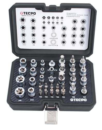 TECPO Torx Steckschlüssel Satz 34-teilig I E4-E20 Nüsse Set I Torxsatz Torxset T10-T60 I Steckschlüsseleinsatz Stecknüsse Biteinsätze von TECPO