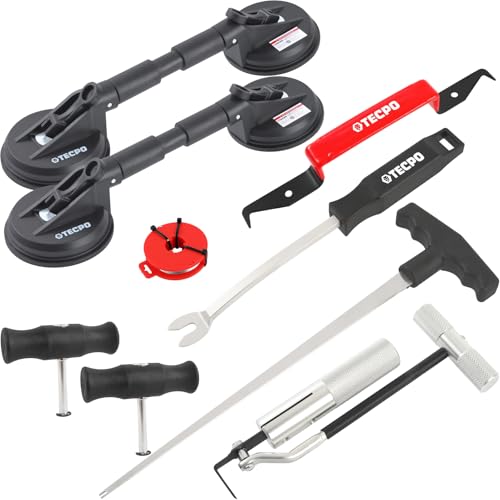 TECPO Windschutzscheiben-Reparaturset, Autoglas-Ausbau-Werkzeug, 2x Gummi-Doppelsauger Ø 118 mm, Verkleidungs-Lösewerkzeug, hitzebehandelter Chromstahl, verstärkte Griffe, inkl. Schneiddraht 180 cm von TECPO