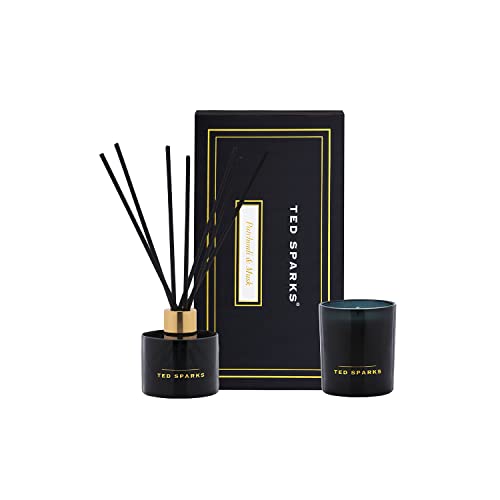 Ted Sparks Moss & Sandalwood Set Duftkerze & Diffuser Black Geschenkset aus Sojawachs hergestellt, Diffuser enthält 8 schwarze Faserstäbchen, bis zu 3 Monate lang Duft, TED-GB-M-CD06 von TED SPARKS