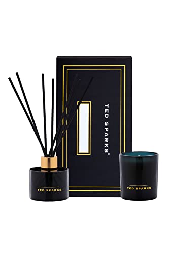 Ted Sparks Moss & Sandalwood Set Duftkerze & Diffuser Black aus Sojawachs hergestellt, Diffuser enthält 8 schwarze Faserstäbchen, bis zu 3 Monate lang Duft, TED-GB-M-C03 von TED SPARKS