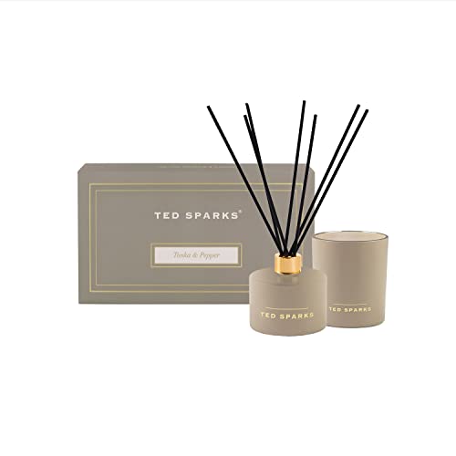 Ted Sparks Set Duftkerze & Diffuser Tonka & Pepper Taupe Geschenkset, Diffusor in einem Glasflakon, TED-GB-M-C07 von TED SPARKS