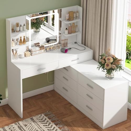TEENFON Schminktisch mit LED-Licht Spiegel & Steckdose, 8 Schubladen, 6 Ablageflächen, 3 Farben mit Einstellbarer Helligkeit Kosmetiktisch, Ecke Vanity, L-Form ändern, Weiß von TEENFON