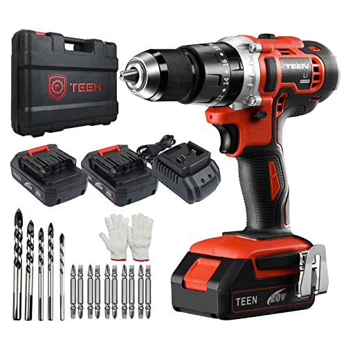TEENO Akku-Bohrschrauber 20V, 2x 2000 mAh Akku, 45 Nm, 20+3 Drehmomenteinstellungen, 2-Gang-Getriebe, 0-1650 U/min, 13 mm Bohrfutter, inkl. Zubehör und Koffer von TEENO