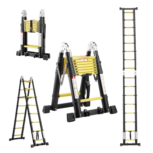 TEENO 5M (2.5+2.5) Teleskopleiter Klappleiter Aluminium|Teleskop-Mehrzweck-Klapptritt mit 2 abnehmbaren Rädern und Dreiecksstabilisatoren|Multifunktionale Klappleiter mit Ausgleichsstange|Schwarz von TEENO