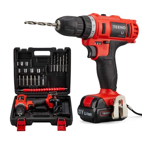 TEENO Akku-Bohrschrauber 21 V, 2 Geschwindigkeiten Akku-Bohrmaschine, 1 Lithium-Akkus 1,5 Ah, Schnellladung in 1 Stunde, 20 Zubehörteile enthalten von TEENO