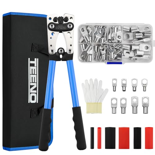 Crimpzange Groß TEENO, Crimpzange Batteriekabel Set AWG 10-0(6-50 mm²), Aderendhülsen Kabelschuhzange, Tragbare Tasche,60PCS Kupferringklemmen aus Kupfer+6PCS Schrumpfschläuche von TEENO