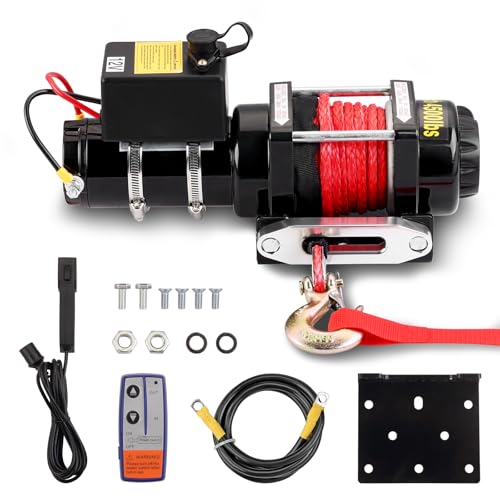 TEENO Elektrische Seilwinde 12V 4.500 LBS / 2041 Kg, Synthetisches Seil 5.5 mm x 10 m, Drahtlose Fernbedienung Nylonseilwinde mit Kabelcontroller von TEENO