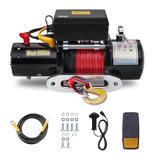 TEENO Elektrische Seilwinde 12v, Windenseil Zugkraft 6000 LBS/2722 KG, Synthetikseil, Drahtlose Fernbedienung Synthetische Seilwinde, Nylonseil, Drahtlose Fernbedienung 30m, kabelFernbedienung Schwarz von TEENO