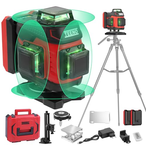 TEENO Rotierende Kreuzlinienlaser,Laser Wasserwaage 4D 16 Grüne Linie, Verwendet für Laserbaustellen, 360° Selbstnivellierung,5400mAh x 2 WieDeraufladbare Batterien,Kreuzlinienlaser mit Stativ von TEENO