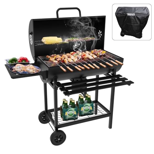 Teeno grill Holzkohlengrill,mit XXL-Kochraster mit zwei Regalen, verstellbarer Lüftung, Grillkugel, Verbrennungsschutzhandschuhe, tragbarer Holzkohlengrill (mit Tuchdeckel) von TEENO