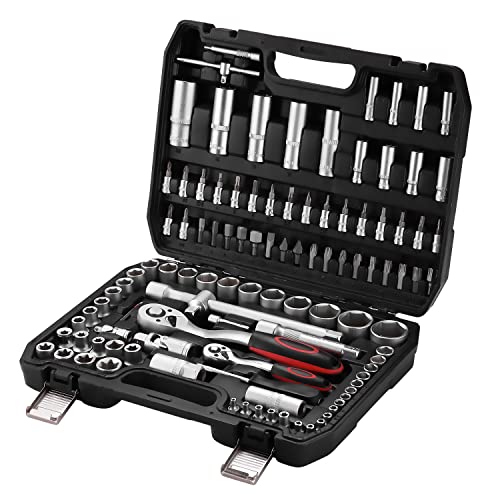 TEENO Steckschlüsselsatz,Steckschlüssel und Bitsatz Set 108-teiliges,Werkzeug-Set Ratsche 1/2 Zoll und 1/4" Zoll (72 Zähne),Chrom Vanadium – matt satiniert von TEENO