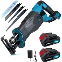 Akkus Hochleistungs-Akku-Säbelsäge, Rohrschneider für Metall und Holz mit 4 Sägeblättern, LED-Arbeitsleuchte, +2x3000-mAh-Akkus + Ladegerät, von TEETOK
