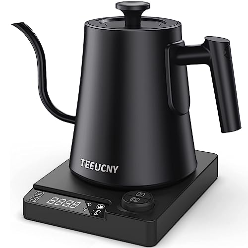 TEEUCNY Elektrischer Wasserkocher Schwanenhals, Edelstahl Schwanenhalskessel Wasserkocher mit Temperatureinstellung, Warmhaltefunktion, LED-Anzeige für Spezialitätenkaffee und Tee, Schwarz, 1L, 1200W von TEEUCNY