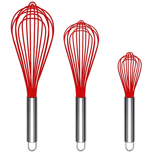 TEEVEA (verbessert) 3 Stück sehr stabiler Küchenbesen Silikon Ballon Draht Schneebesen Set Eierschlägel Milchaufschäumer Küchenutensilien Gadgets zum Mischen Schneebesen Schlagen Rühren Rot von TEEVEA