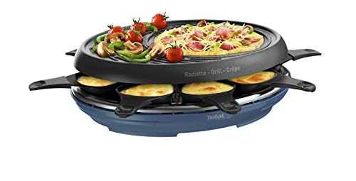 Tefal Colormania Raclette 3-in-1 Raclettegerät für Grill und Pfannkuchen, Antihaftbeschichtung, Easy Plus, 8 Schalen, spülmaschinenfest, 1050 W, Stahlblau RE310401 von Tefal