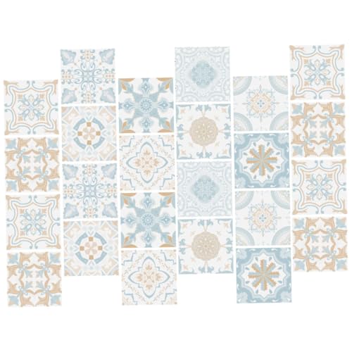 TEHAUX 24 Stück Selbstklebende Retro Fliesenaufkleber PVC Küchen Wandfliesenaufkleber Vintage Ornament DIY Bad Klebefliesen für Innenräume Badezimmer von TEHAUX