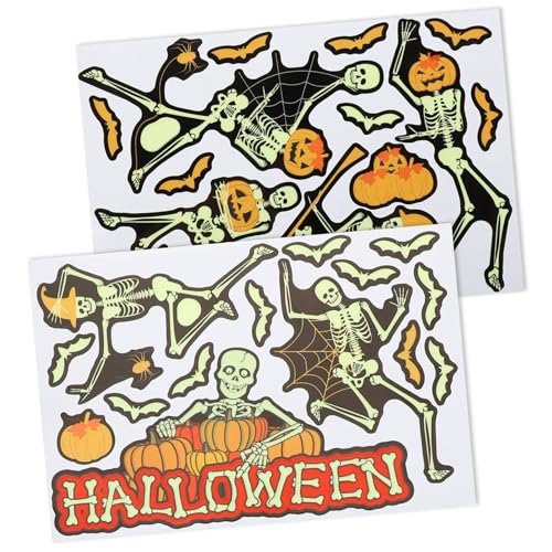 TEHAUX Halloween Wandsticker Selbstklebend Fluoreszierend Leuchtend für Fenster Türen Glatte Oberflächen Party Deko Gruselige Totenkopf Kürbis Fledermaus Nachtlicht Sticker von TEHAUX