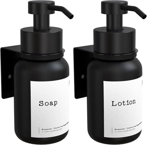 TEHEO Seifenspender Glas Schwarz 2er Set | Wandseifenspender 250ml | Seifenspender Wandbefestigung Ohne Bohren | Seifenspender Kleben | Flüssigseifenspender für Duschgel Handseife Shampoo Spülmittel von TEHEO
