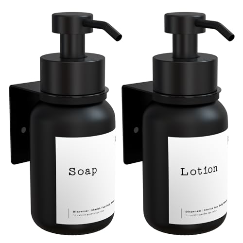 TEHEO Seifenspender Wandbefestigung Schwarz | Moderner Glas Seifenspender 250ml | Kleben oder Bohren | Flüssigseifenspender für Handseife Shampoo Spülmittel Duschgel [2 Stück] von TEHEO