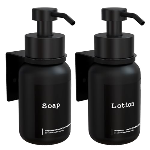 TEHEO Seifenspender Wandbefestigung Schwarz | Moderner Glas Seifenspender 250ml | Kleben oder Bohren | Flüssigseifenspender für Handseife Shampoo Spülmittel Duschgel [2 Stück] von TEHEO