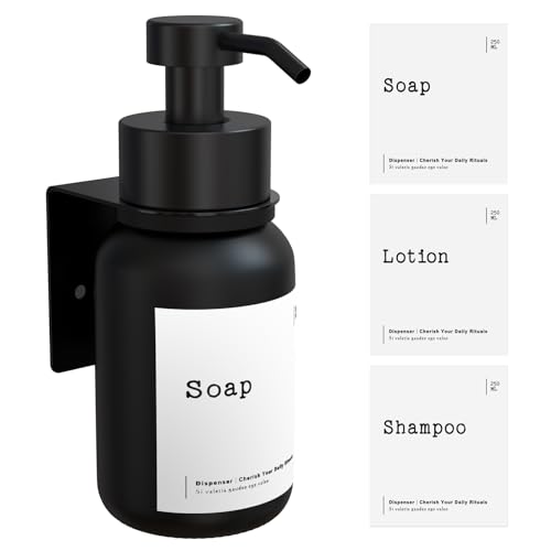 TEHEO Seifenspender Wandbefestigung Schwarz | Moderner Glas Seifenspender 250ml | Kleben oder Bohren | Flüssigseifenspender für Handseife Shampoo Spülmittel Duschgel von TEHEO