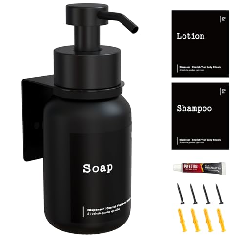 TEHEO Seifenspender Wandbefestigung Schwarz | Moderner Glas Seifenspender 250ml | Wandmontage ohne Bohren oder Schrauben | Flüssigseifenspender für Bad Küche Dusche | Handseife Duschgel Shampoo von TEHEO