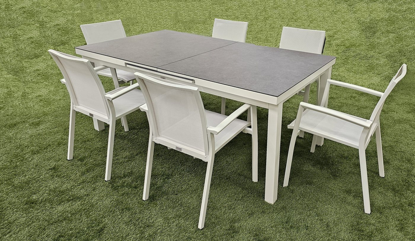 TEICO GROUP Sitzgruppe 7-tlg. Gartenmöbel Set Tisch ausziehbar mit 6 stapelbaren Stühlen, (7-tlg), bestehend aus 6 stapelbaren Stühlen und ausziehbarem Tisch von TEICO GROUP