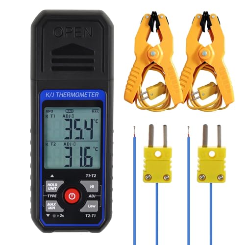 Dual-Channel K/J-Thermometer mit 4 Sonden & 2 Rohrschellen – -200°C bis 1372°C (-328°F bis 2501°F), Alarm, Hintergrundbeleuchtung – Temperaturmessgerät für HVAC-Werkzeuge, Industriethermometer von TEKCOPLUS